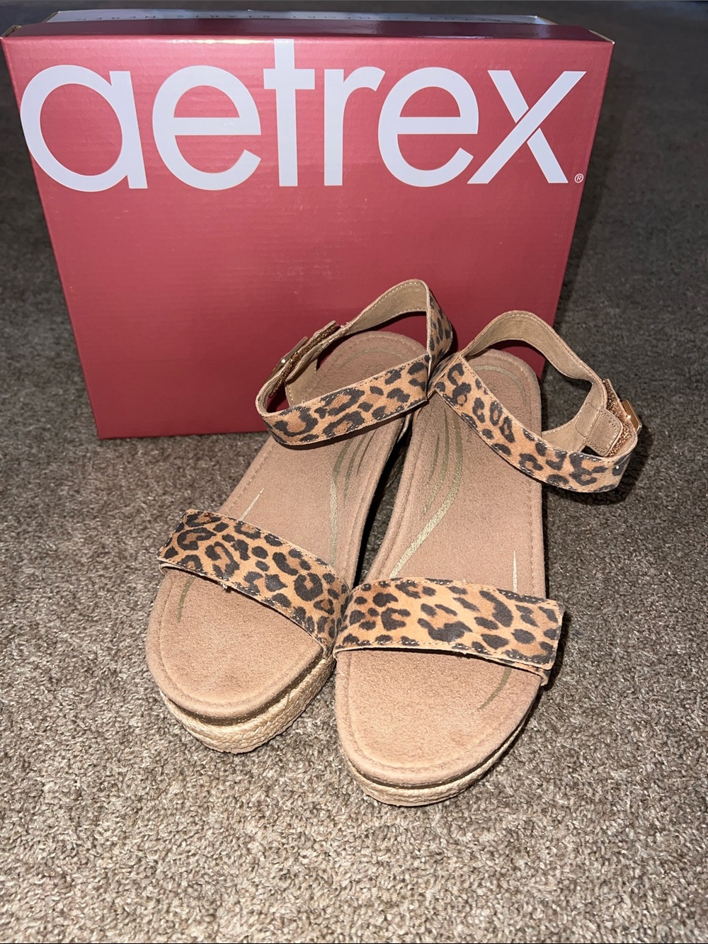 Aetrex Sydney Leopard Print Platform Sandal - Tan/Black